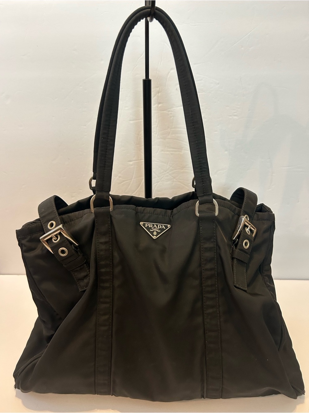 Vintage Prada Tessuto Nylon Tote Bag Black Silver Hardware Made in Italy w/ COA